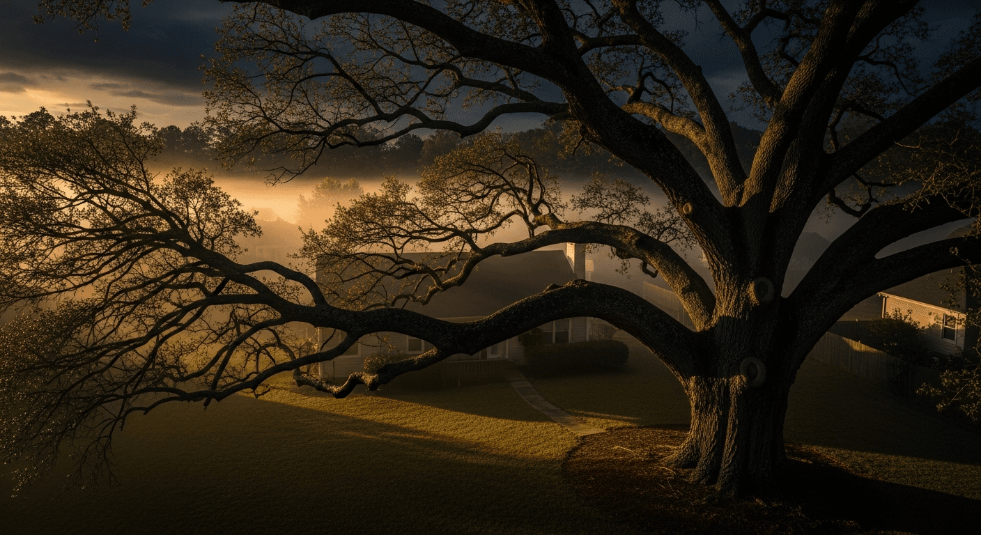 Large threatening oak tree before removal